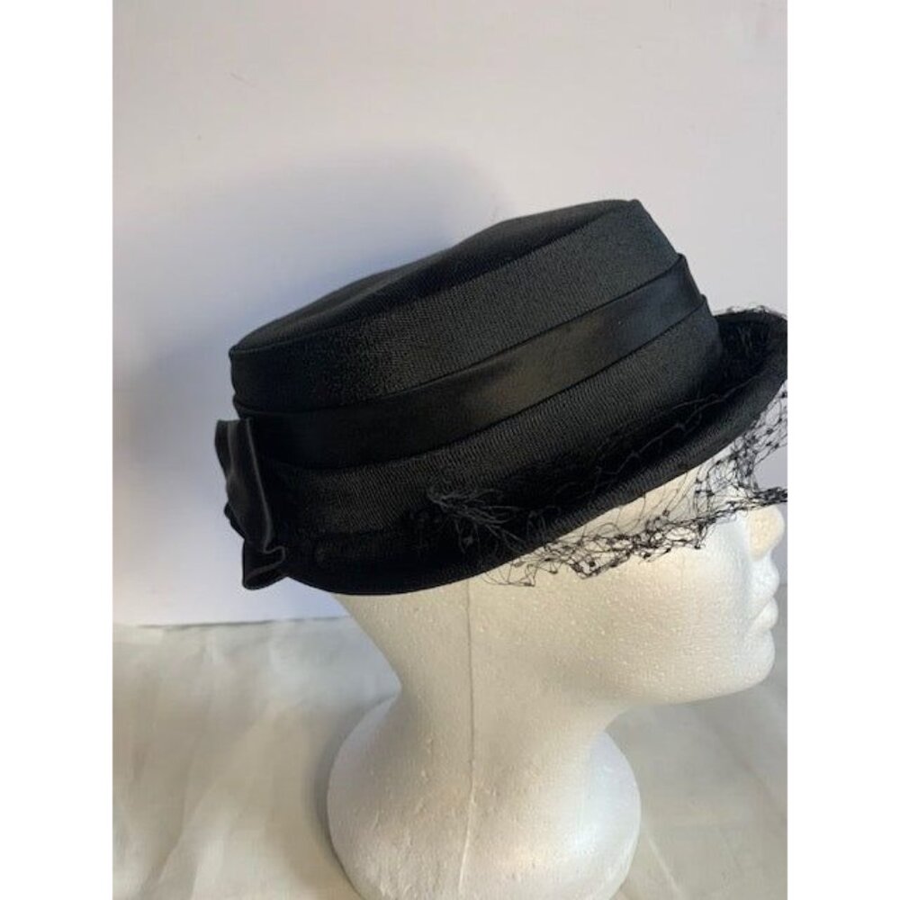 Vintage Black Hat with Satin Band w/Bow 22 inch - Picture 7 of 12